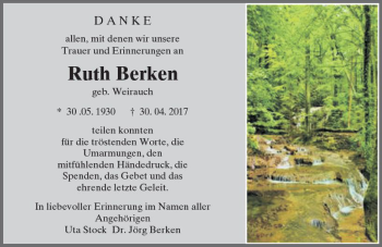 Traueranzeige von Ruth Berken von Trauerportal Echo Online