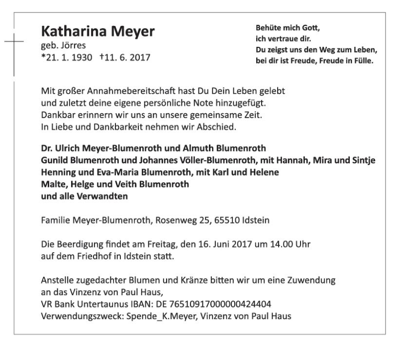  Traueranzeige für Katharina Meyer vom 14.06.2017 aus Trauerportal Rhein Main Presse