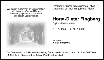 Traueranzeige von Horst-Dieter Fingberg von Trauerportal Echo Online
