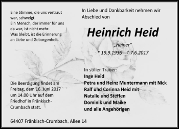 Traueranzeige von Heinrich Heid von Trauerportal Echo Online