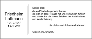 Traueranzeige von Friedhelm Lattmann von  Gießener Anzeiger