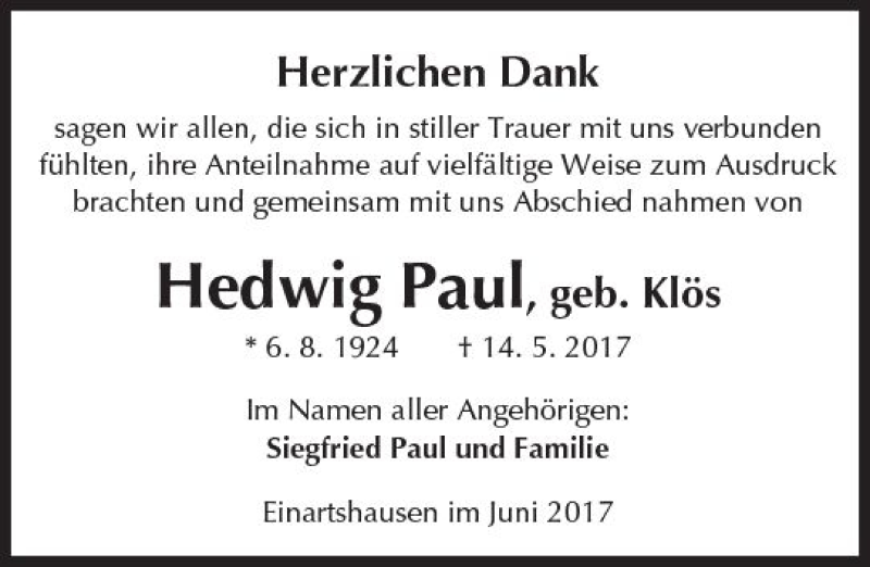  Traueranzeige für Hedwig Paul vom 17.06.2017 aus  Kreisanzeiger