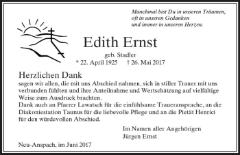 Traueranzeige von Edith Ernst von  Usinger Anzeiger