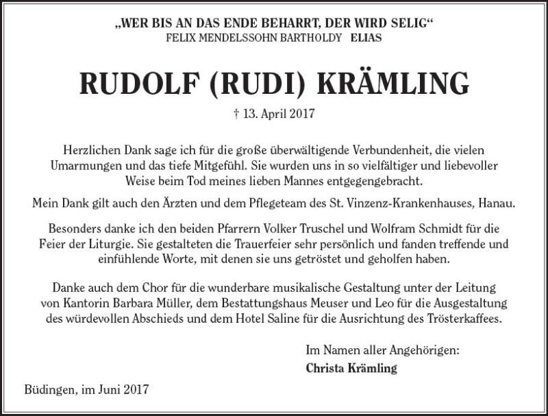  Traueranzeige für Rudolf Krämling vom 17.06.2017 aus  Kreisanzeiger