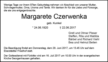 Traueranzeige von Margarete Czerwenka von Trauerportal Echo Online