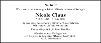 Traueranzeige von Nicole Claus von  Gießener Anzeiger