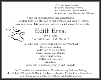 Traueranzeige von Edith Ernst von  Usinger Anzeiger
