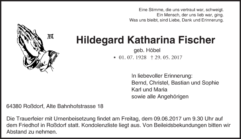  Traueranzeige für Hildegard Katharina Fischer vom 03.06.2017 aus Trauerportal Echo Online