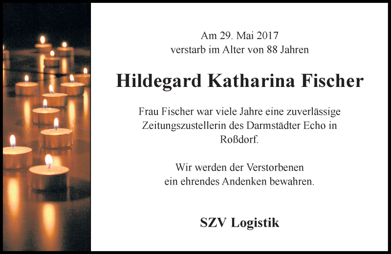  Traueranzeige für Hildegard Katharina Fischer vom 08.06.2017 aus Trauerportal Echo Online