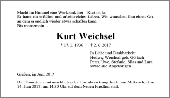 Traueranzeige von Kurt Weichsel von  Gießener Anzeiger