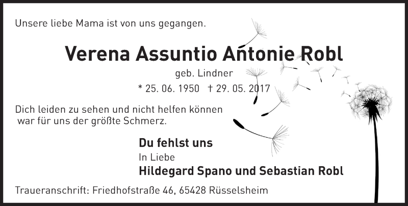  Traueranzeige für Verena Assuntio Antonie Robl vom 03.06.2017 aus Trauerportal Rhein Main Presse