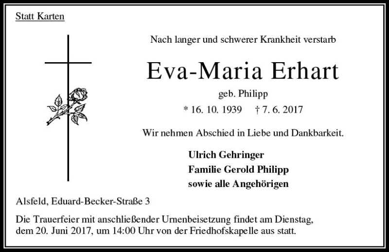  Traueranzeige für Eva-Maria Erhart vom 17.06.2017 aus VRM Trauer