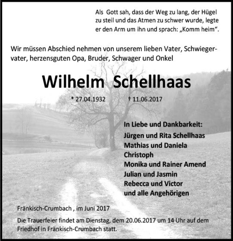  Traueranzeige für Wilhelm Schellhaas vom 17.06.2017 aus Trauerportal Echo Online