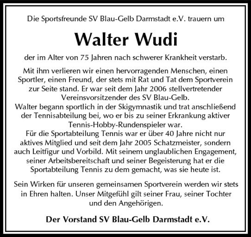  Traueranzeige für Walter Wudi vom 10.06.2017 aus Trauerportal Echo Online