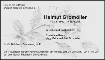 Traueranzeige von Helmut Gromöller von Trauerportal Echo Online