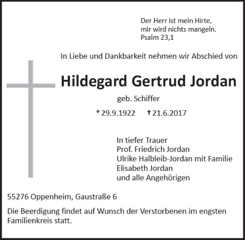  Traueranzeige für Hildegard Gertrud Jordan vom 24.06.2017 aus Trauerportal Rhein Main Presse