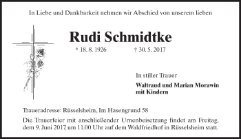 Traueranzeige von Rudi Schmidtke von Trauerportal Rhein Main Presse