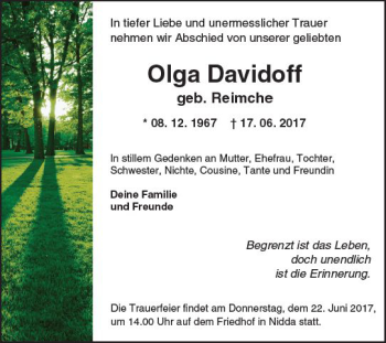 Traueranzeige von Olga Davidoff von  Kreisanzeiger