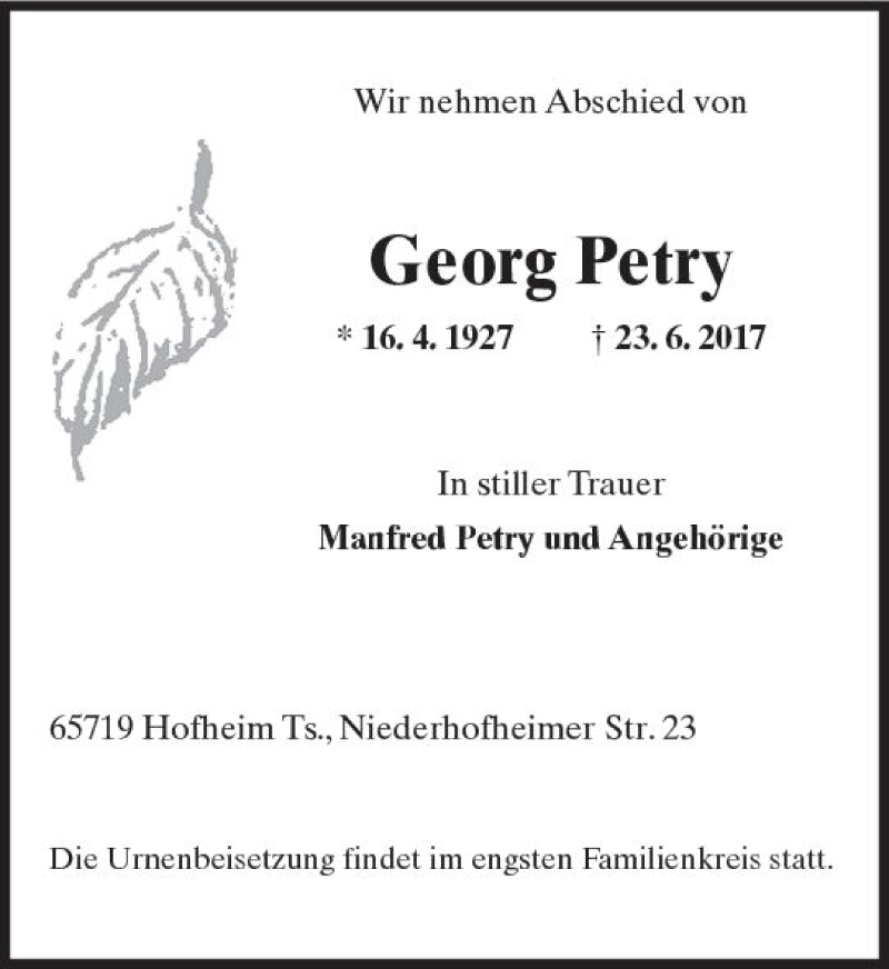  Traueranzeige für Georg Petry vom 30.06.2017 aus Trauerportal Rhein Main Presse