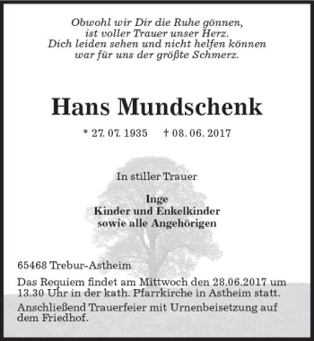 Traueranzeige von Hans Mundschenk von Trauerportal Rhein Main Presse