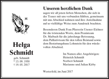 Traueranzeige von Helga Schmidt von  Usinger Anzeiger