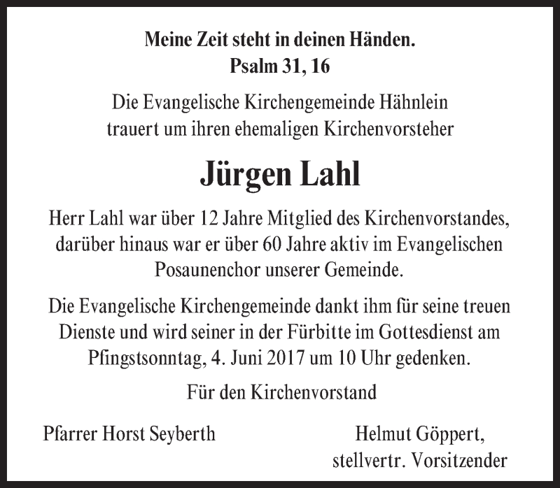  Traueranzeige für Jürgen Lahl vom 02.06.2017 aus Trauerportal Echo Online