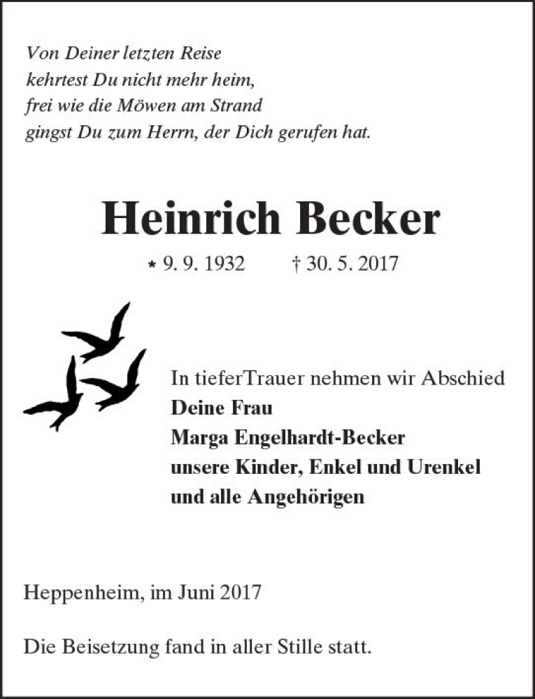  Traueranzeige für Heinrich Becker vom 28.06.2017 aus Trauerportal Echo Online