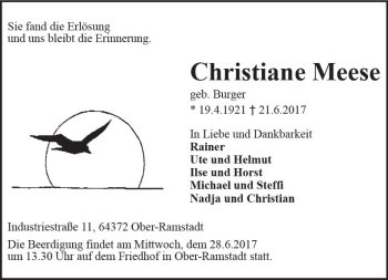Traueranzeige von Christiane Meese von Trauerportal Echo Online