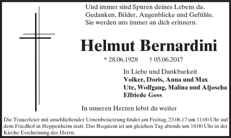  Traueranzeige für Helmut Bernardini vom 17.06.2017 aus Trauerportal Rhein Main Presse