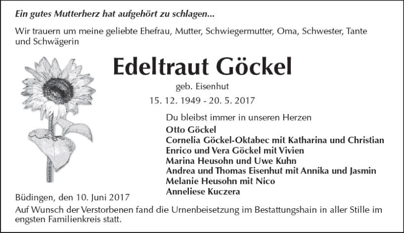  Traueranzeige für Edeltraut Göckel vom 10.06.2017 aus  Kreisanzeiger