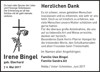 Traueranzeige von Irene Bingel von  Kreisanzeiger