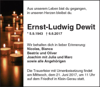 Traueranzeige von Ernst-Ludwig Dewit von Trauerportal Echo Online