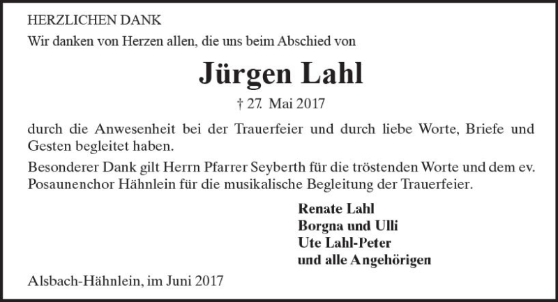  Traueranzeige für Jürgen Lahl vom 10.06.2017 aus Trauerportal Echo Online