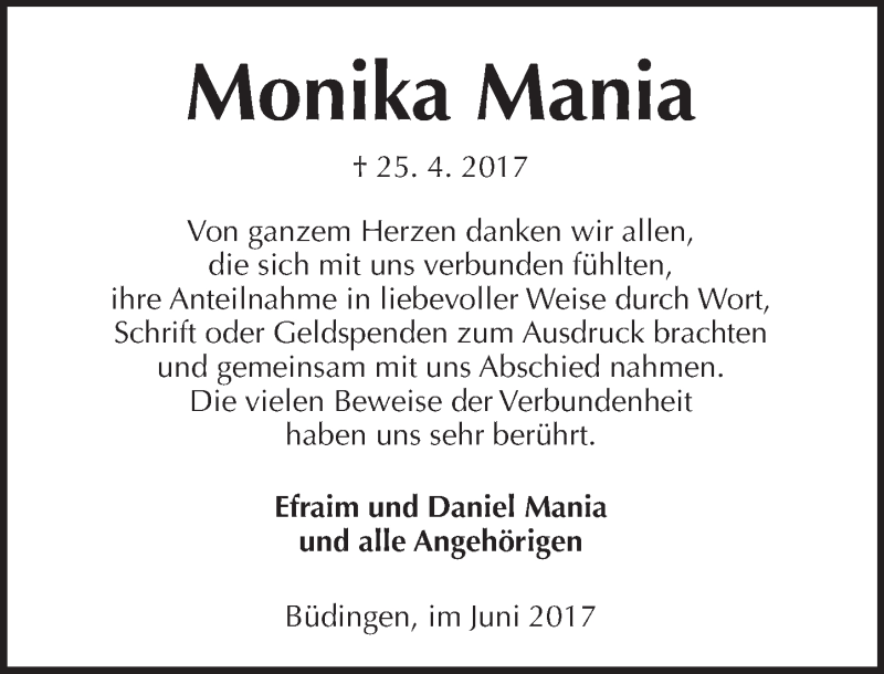  Traueranzeige für Monika Mania vom 03.06.2017 aus  Kreisanzeiger