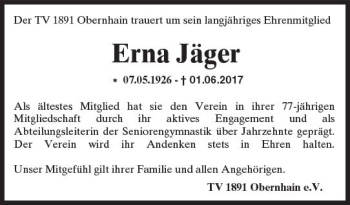 Traueranzeige von Erna Jäger von  Usinger Anzeiger