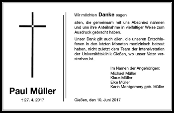 Traueranzeige von Paul Müller von  Gießener Anzeiger