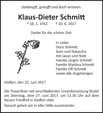Traueranzeige von Klaus-Dieter Schmitt von  Gießener Anzeiger