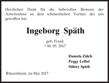 Traueranzeige von Ingeborg Späth von Trauerportal Rhein Main Presse