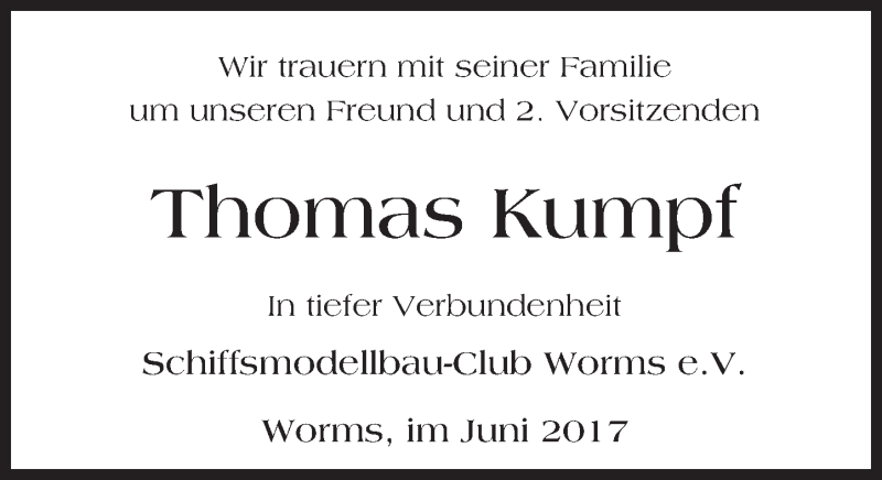  Traueranzeige für Thomas Kumpf vom 13.06.2017 aus Trauerportal Rhein Main Presse