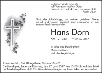 Traueranzeige von Hans Dorn von Trauerportal Rhein Main Presse
