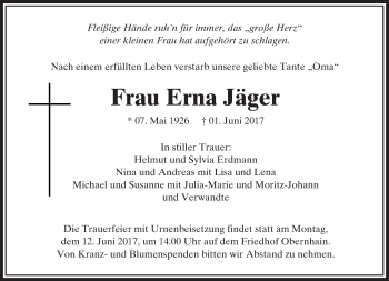 Traueranzeige von Erna Jäger von  Usinger Anzeiger