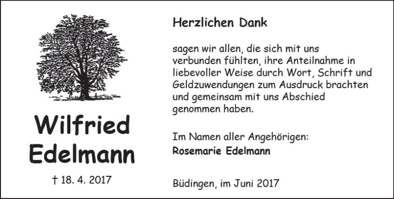  Traueranzeige für Wilfried Edelmann vom 17.06.2017 aus  Kreisanzeiger
