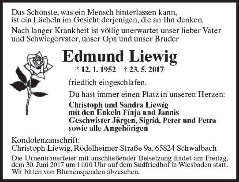  Traueranzeige für Edmund Liewig vom 24.06.2017 aus Trauerportal Rhein Main Presse