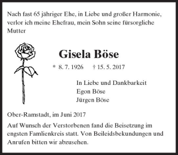 Traueranzeige von Gisela Böse von Trauerportal Echo Online