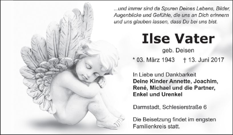 Traueranzeige für Ilse Vater vom 24.06.2017 aus Trauerportal Echo Online