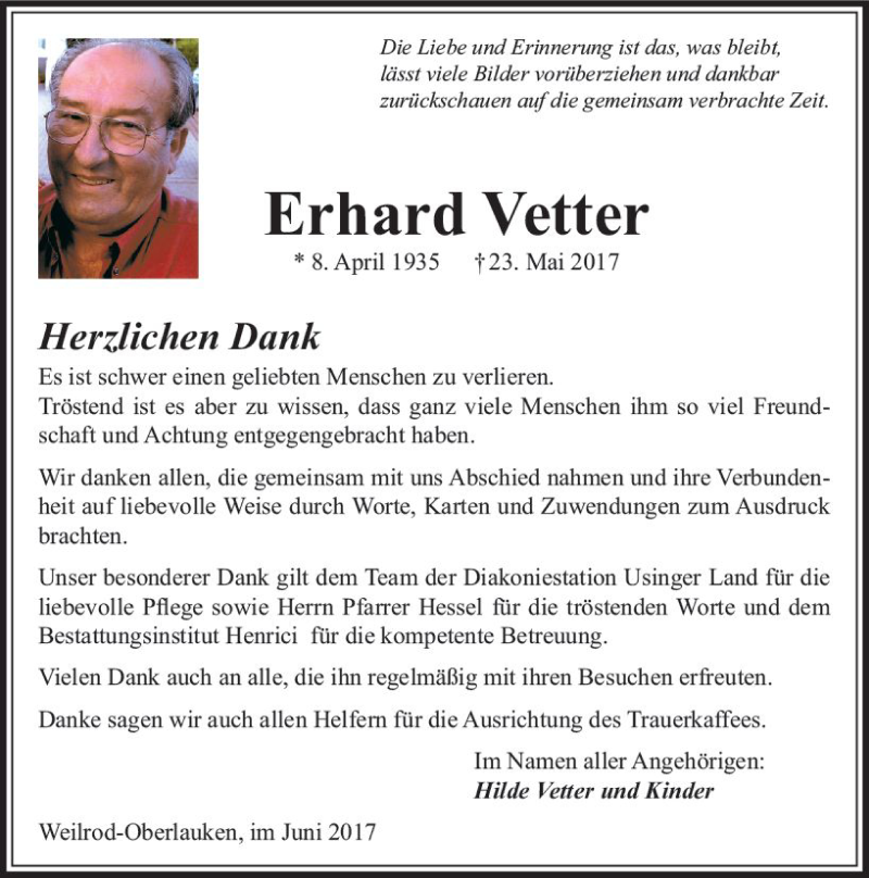  Traueranzeige für Erhard Vetter vom 17.06.2017 aus  Usinger Anzeiger