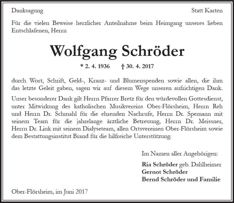  Traueranzeige für Wolfgang Schröder vom 24.06.2017 aus Trauerportal Rhein Main Presse