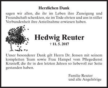 Traueranzeige von Hedwig Reuter von Trauerportal Rhein Main Presse