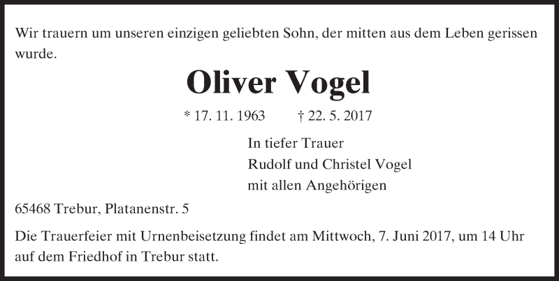  Traueranzeige für Oliver Vogel vom 03.06.2017 aus Trauerportal Rhein Main Presse