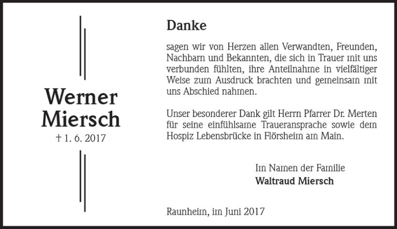  Traueranzeige für Werner Miersch vom 17.06.2017 aus Trauerportal Rhein Main Presse